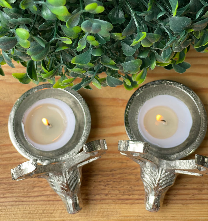 Pair of Silver Stag Tea Light Holders