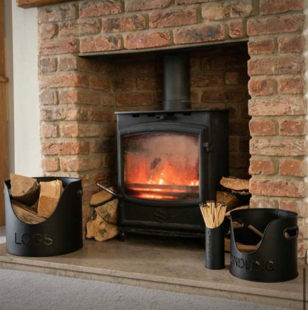 Black Finish Logs And Kindling Buckets & Matchstick Holder