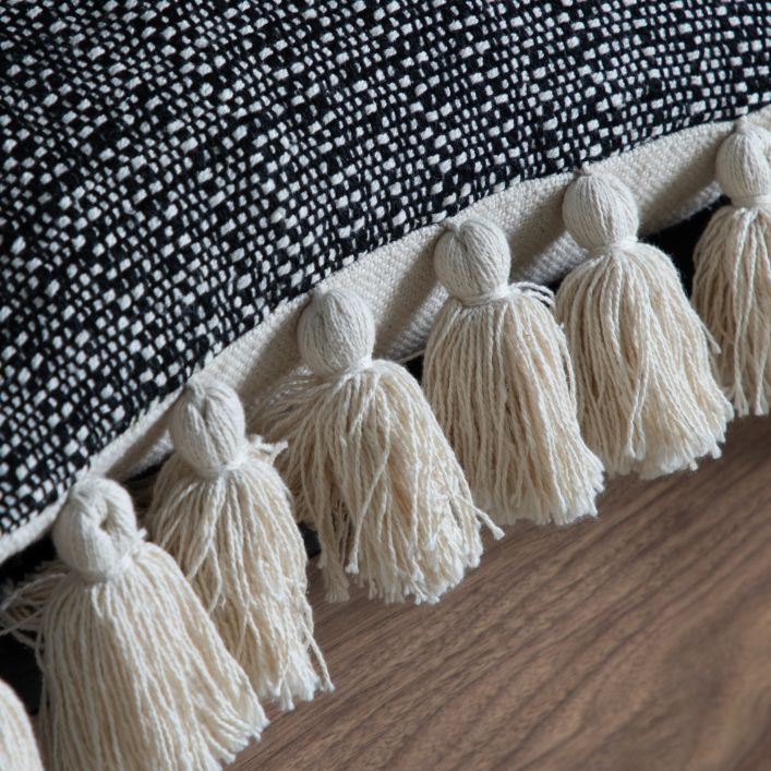 Woven Cushion with Tassels Black